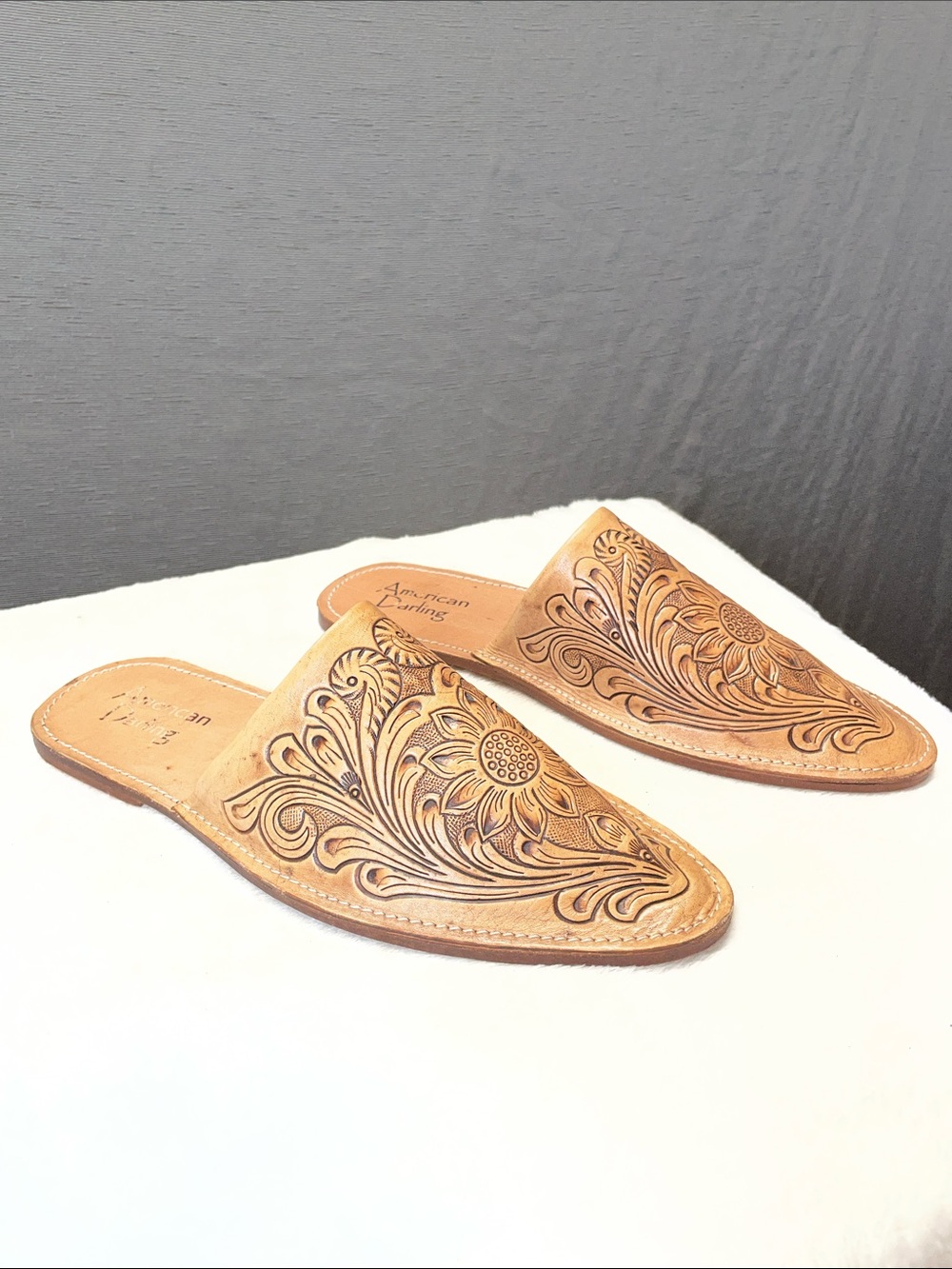 American Darling Tan Tooled Floral Leather Mules